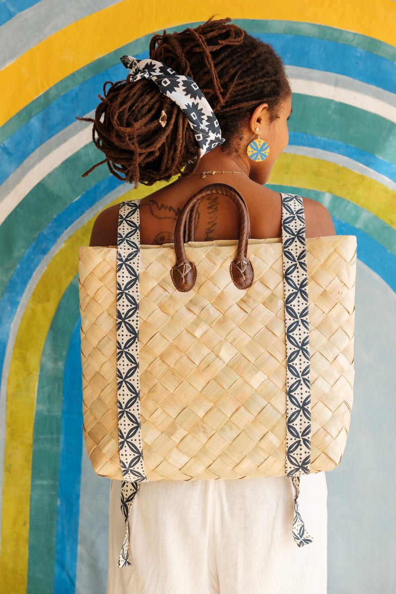Hand Railing Backpack Handwoven Backpack with Handcrafted Leather Handles & Handprinted Stra ...