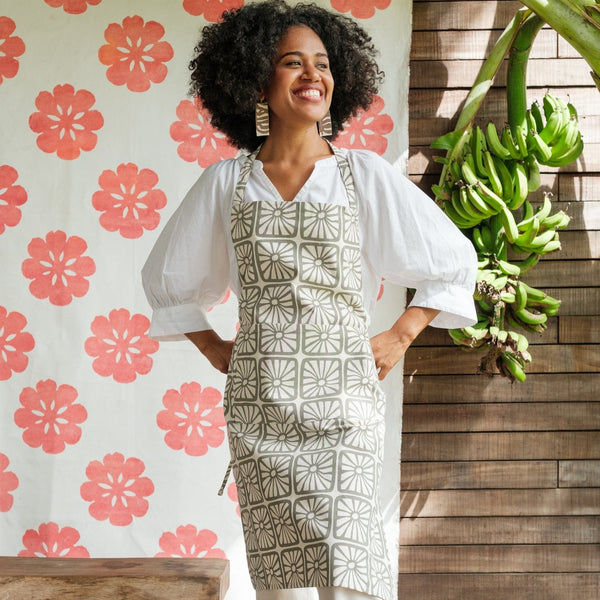 Handprinted Cotton Canvas Apron, Organic Bloom Print - Vatu