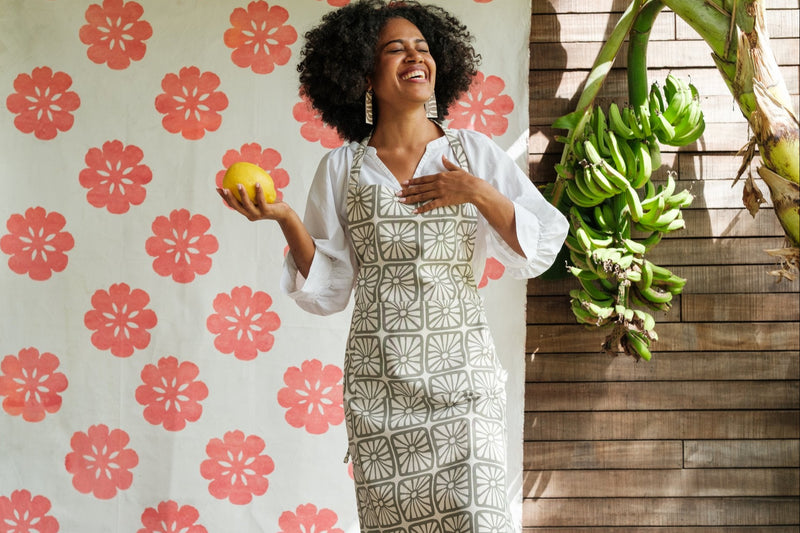 Handprinted Cotton Canvas Apron, Organic Bloom Print - Vatu
