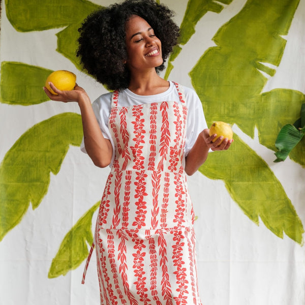 Handprinted Cotton Canvas Apron, Salusalu Print - Tomata