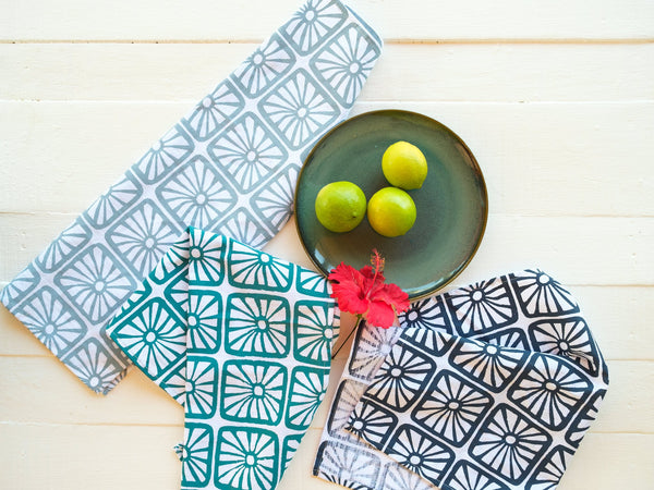 Handprinted Organic Bloom Print Tea Towels - Kitchen Towels