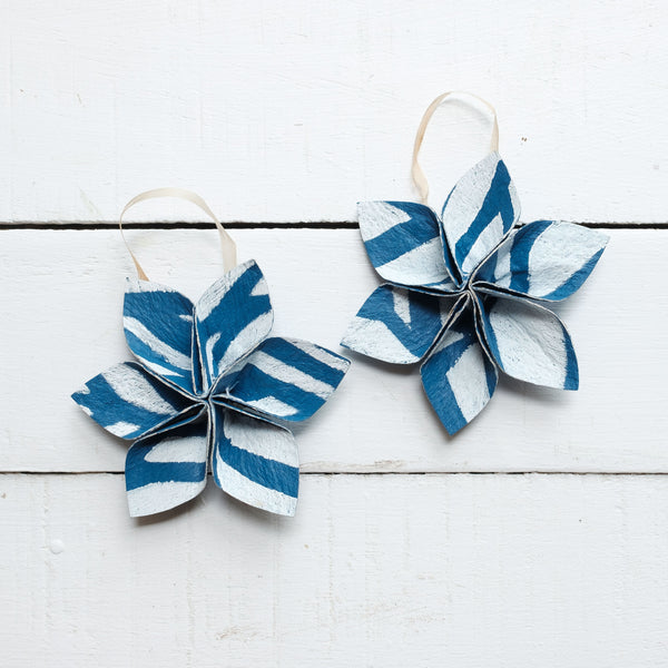 Masi Flower Holiday Ornaments - Wasaliwa Blue & White Set of Two (2)