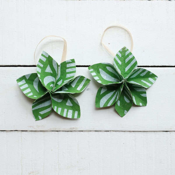 Masi Flower Holiday Ornaments - Green & White Set of Two (2)