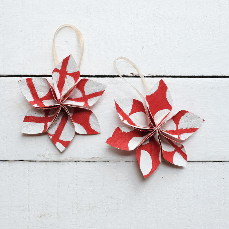 Masi Flower Holiday Ornaments - Green & White Set of Two (2)